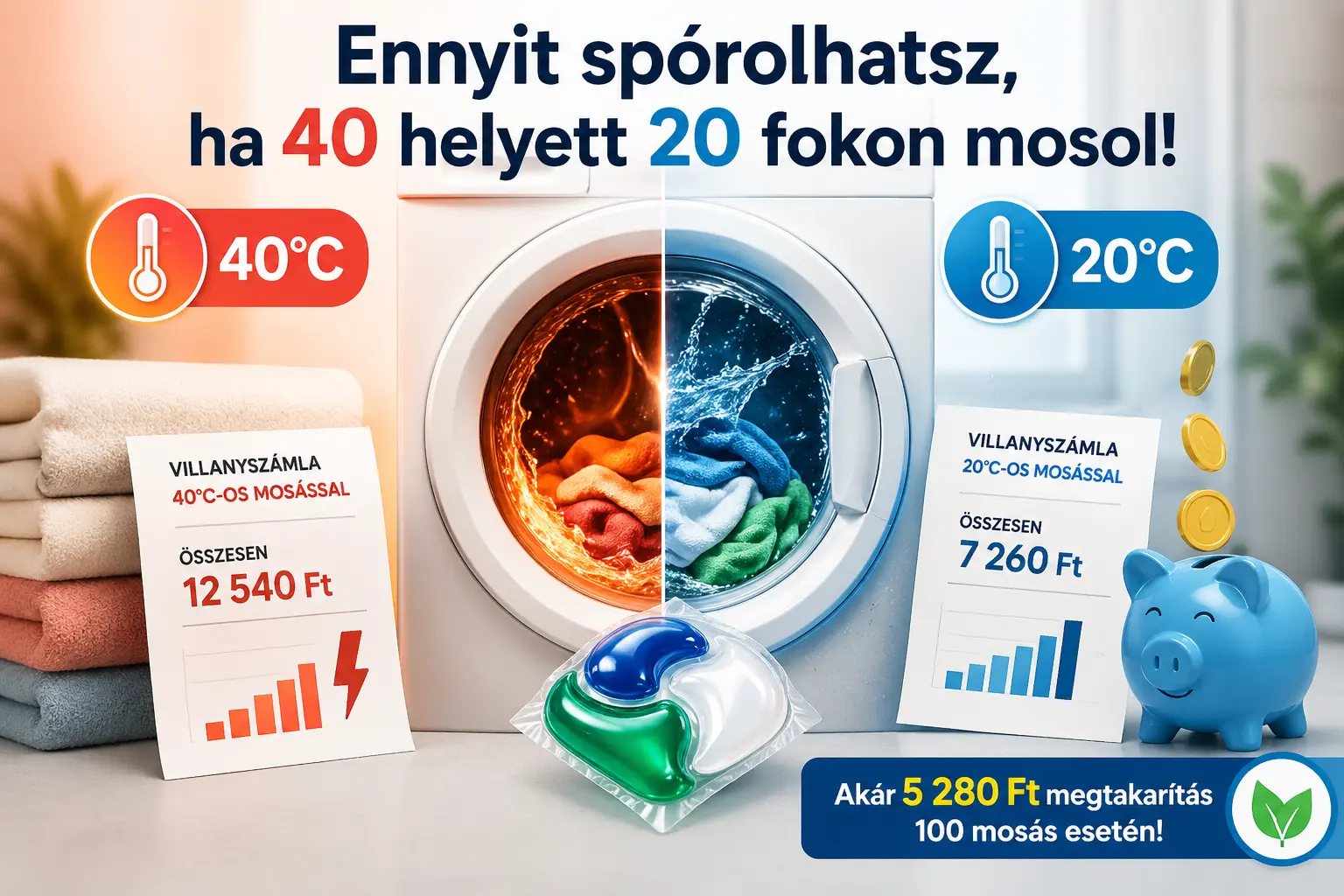 Ennyit spórolhatsz, ha 40 helyett 20 fokon mosol 20 fokos mosás megtakarításának szemléltetése Aquadrop Expert Pro mosókapszulával