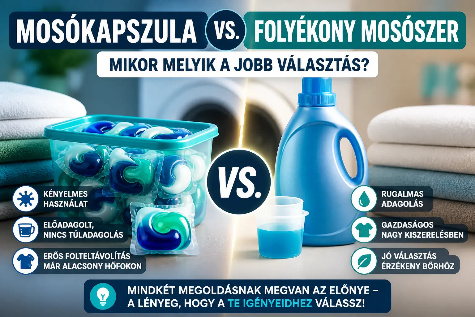 Mosókapszula vagy folyékony mosószer összehasonlítása Mosókapszula és folyékony mosószer összehasonlítása mindennapi mosáshoz